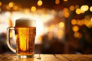 A glass of beer with a handle on a wooden tabletop on a blurred background. Generated by artificial intelligence photo