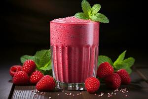 Raspberry smoothie with chia seeds and mint. Healthy food and drink concept. Generated by artificial intelligence photo