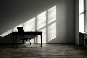 Black desk with chair in an empty room. Beautiful shadow on the wall. Remote work concept. Generated by artificial intelligence photo