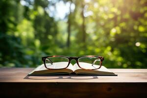 Glasses on a book on the table against the backdrop of natural bokeh. Educational concepts and knowledge. Generated by artificial intelligence photo