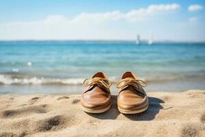 Men's shoes on the sand on the beach near the blue sea. Summer vacation concept by the sea. Generative AI photo