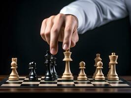 Hand of a businessman holds a chess piece. Strategy, tactics, game plan concept. photo