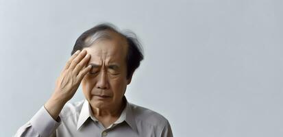 mareo o dolor de cabeza de asiático mayor hombre. ai generativo foto