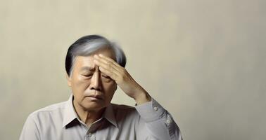mareo o dolor de cabeza de asiático mayor hombre. ai generativo foto