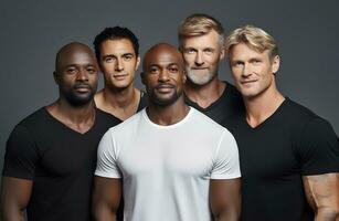 Diverse group of men standing together, multicultural male beauty, diversity concept. AI generative photo