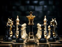 Luxury gold and black chess pieces on a chessboard. AI generative photo