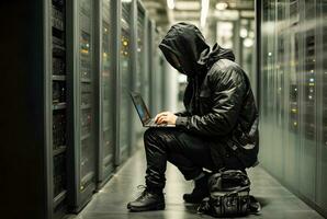Anonymous hacker typing computer. Concept of cybercrime, cyberattack, dark web. AI generative photo