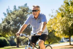Cheerful senior man having riding bicycle at park. AI generative photo