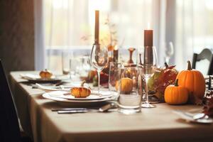 a table set for thanksgiving with pumpkins and candles, Generative AI photo