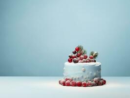 AI Generated Beautiful Christmas cake decorated with berries. photo