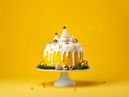 AI Generated An unusual creative Christmas cake. Yellow background. photo