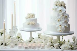 AI Generated White multitiered wedding cake in white tones. photo