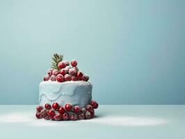 AI Generated Beautiful Christmas cake decorated with berries. photo