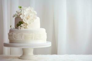 AI Generated White multitiered wedding cake in white tones. photo