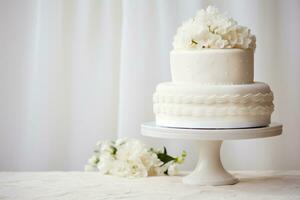 AI Generated White multitiered wedding cake in white tones. photo