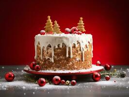 AI Generated Beautiful Christmas cake decorated with berries. Christmas dessert. photo