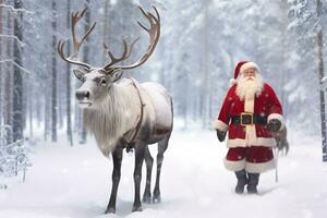 Santa Claus walking together with reindeer in the forest at winter. Marry Christmas. AI generative photo