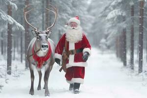 Santa Claus walking together with reindeer in the forest at winter. Marry Christmas. AI generative photo