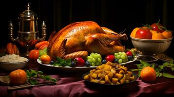Homemade roasted turkey in thanksgiving day. AI generative photo