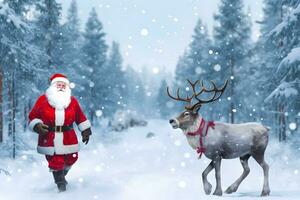 Santa Claus walking together with reindeer in the forest at winter. Marry Christmas. AI generative photo