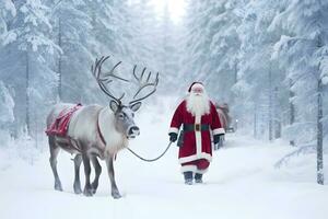 Santa Claus walking together with reindeer in the forest at winter. Marry Christmas. AI generative photo