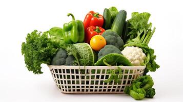 un blanco cesta lleno vegetales en blanco antecedentes foto