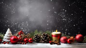 Snowy Still Life with Red Baubles, Pine Cones and Candle photo