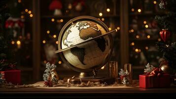 Globe with Lights and Bow Surrounded by Christmas Gifts and Trees photo