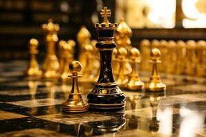 Luxury gold and black chess pieces on a chessboard. AI generative photo
