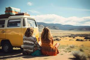 Two caucasian friends sitting on the ground while going on a road trip. photo