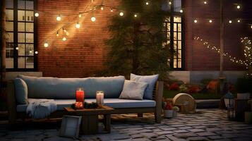 Cozy Outdoor Patio with String Lights, Candles, and Comfortable Blue Sofa photo