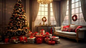 Navidad árbol con oro y rojo adornos y regalos en un acogedor vivo habitación foto