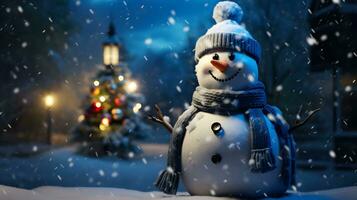 A Snowman with Striped Scarf by a Lit Lamp Post and Decorated Christmas Tree photo