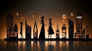 A Silhouette Cityscape with Women and Balloons photo