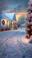 Snowy Christmas Morning at Cozy Cottage with Wreaths and Pink Sunrise photo