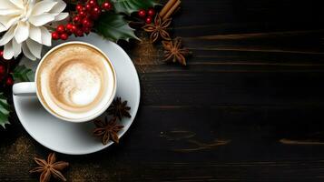 un blanco taza en un con borde dorado platillo en medio de Navidad decoraciones foto