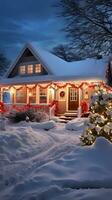 Snowy Christmas Cottage Adorned with Red and White Lights photo