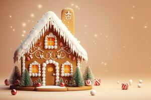 AI Generated A beautiful gingerbread house on a delicate light background. photo