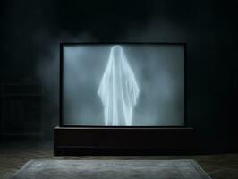 AI Generated A TV set installed in a room at night shows static noise and a female ghost. photo