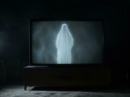 AI Generated A TV set installed in a room at night shows static noise and a female ghost. photo