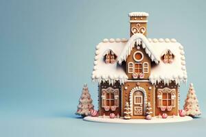 AI Generated A beautiful gingerbread house on a delicate light background. photo