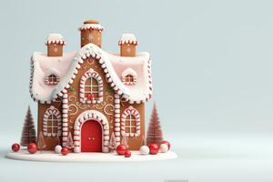 AI Generated A beautiful gingerbread house on a delicate light background. photo