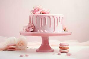 AI Generated Beautiful cake in pink tones on a pink background. Wedding cake. Birthday cake. Valentine's Day cake. photo