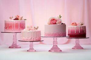 ai generado hermosa pasteles y postres en rosado tonos en un rosado antecedentes. Boda pastel. cumpleaños pastel. San Valentín día pastel. foto