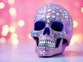 AI Generated A skull decorated with shiny rhinestones on a bright background photo