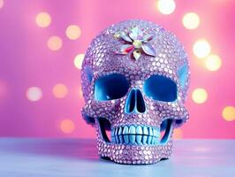 AI Generated A skull decorated with shiny rhinestones on a bright background photo