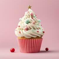 AI Generated Christmas cupcake with a Christmas tree decoration photo