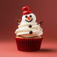 AI Generated Christmas cupcake with decoration in the form of a snowman photo