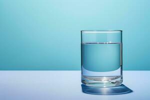 ai generado un vaso de limpiar Bebiendo agua en un ligero azul antecedentes foto