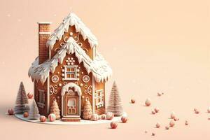 AI Generated A beautiful gingerbread house on a delicate light background. photo